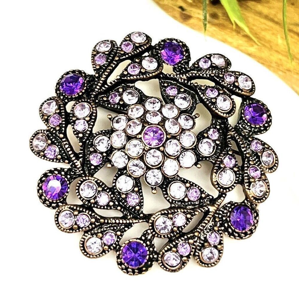 Vintage Brooch Purple Lavender Rhinestones Cluster Swirl Flower Floral 4338